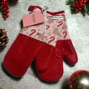 Juicy Couture Set of Two Pink/Red Gingerbread Man Oven Mitts with Silicone Grip